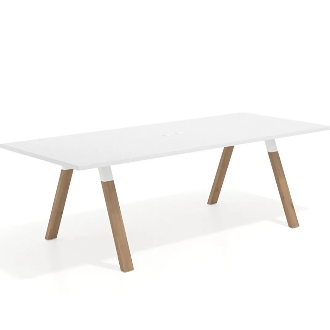 Mesa de reuniones rectangular UvePro fondo 100cm, estructura blanca, patas de madera