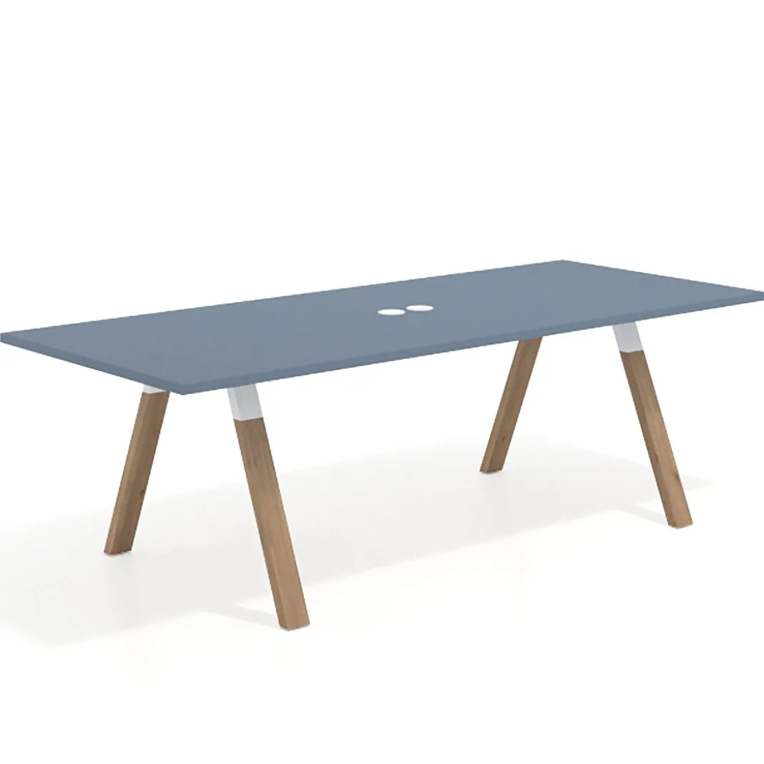 Mesa de reuniones rectangular UvePro fondo 100cm, estructura blanca, patas de madera