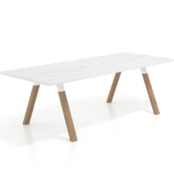 Mesa de reuniones rectangular UvePro fondo 100cm, estructura blanca, patas de madera