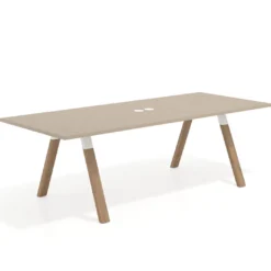 Mesa de reuniones rectangular UvePro fondo 100cm, estructura blanca, patas de madera