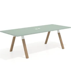 Mesa de reuniones rectangular UvePro fondo 100cm, estructura blanca, patas de madera