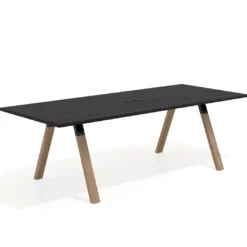 Mesa de reuniones rectangular UvePro fondo 100cm, estructura negra, patas de madera