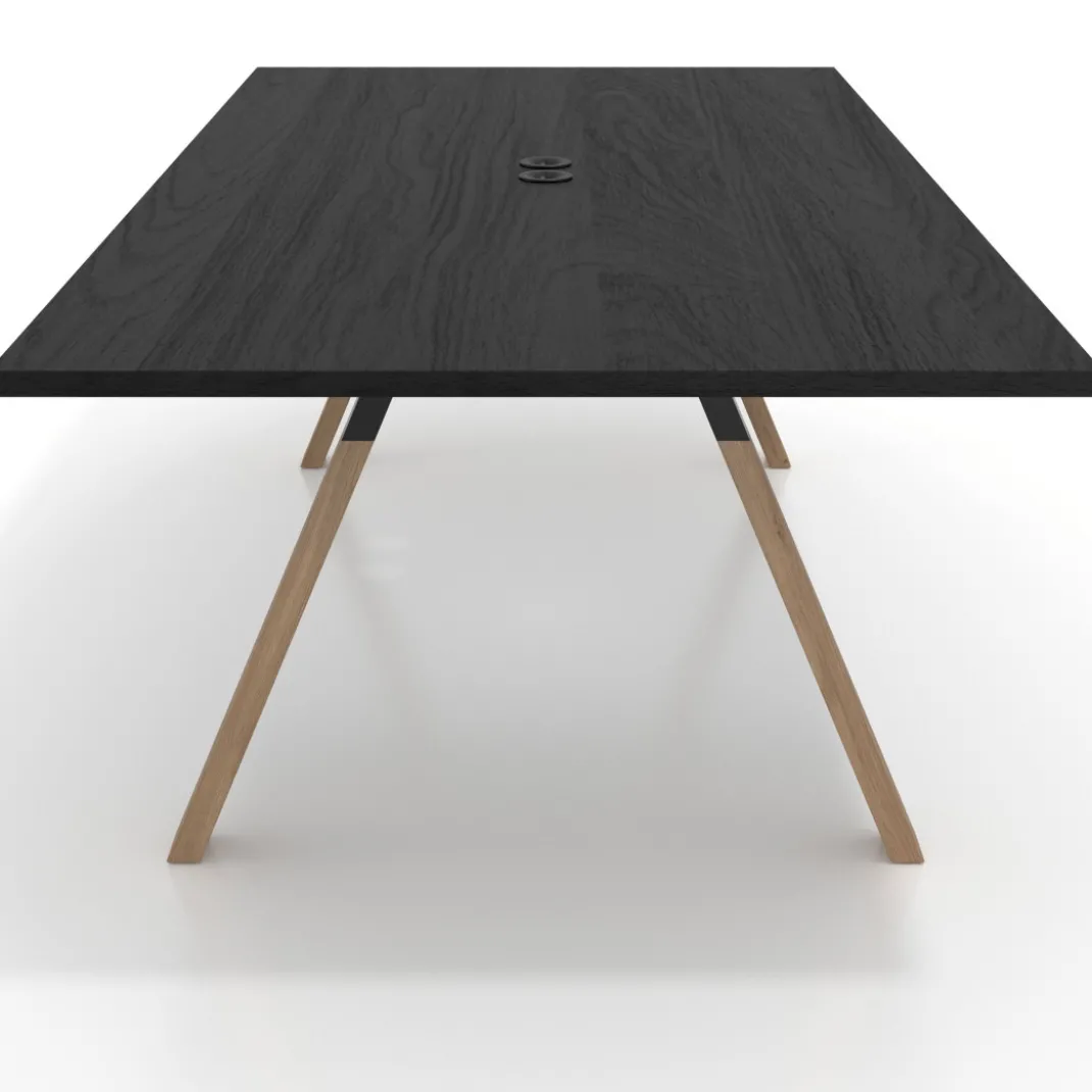 Mesa de reuniones rectangular UvePro fondo 126, patas interior, estructura negra/madera