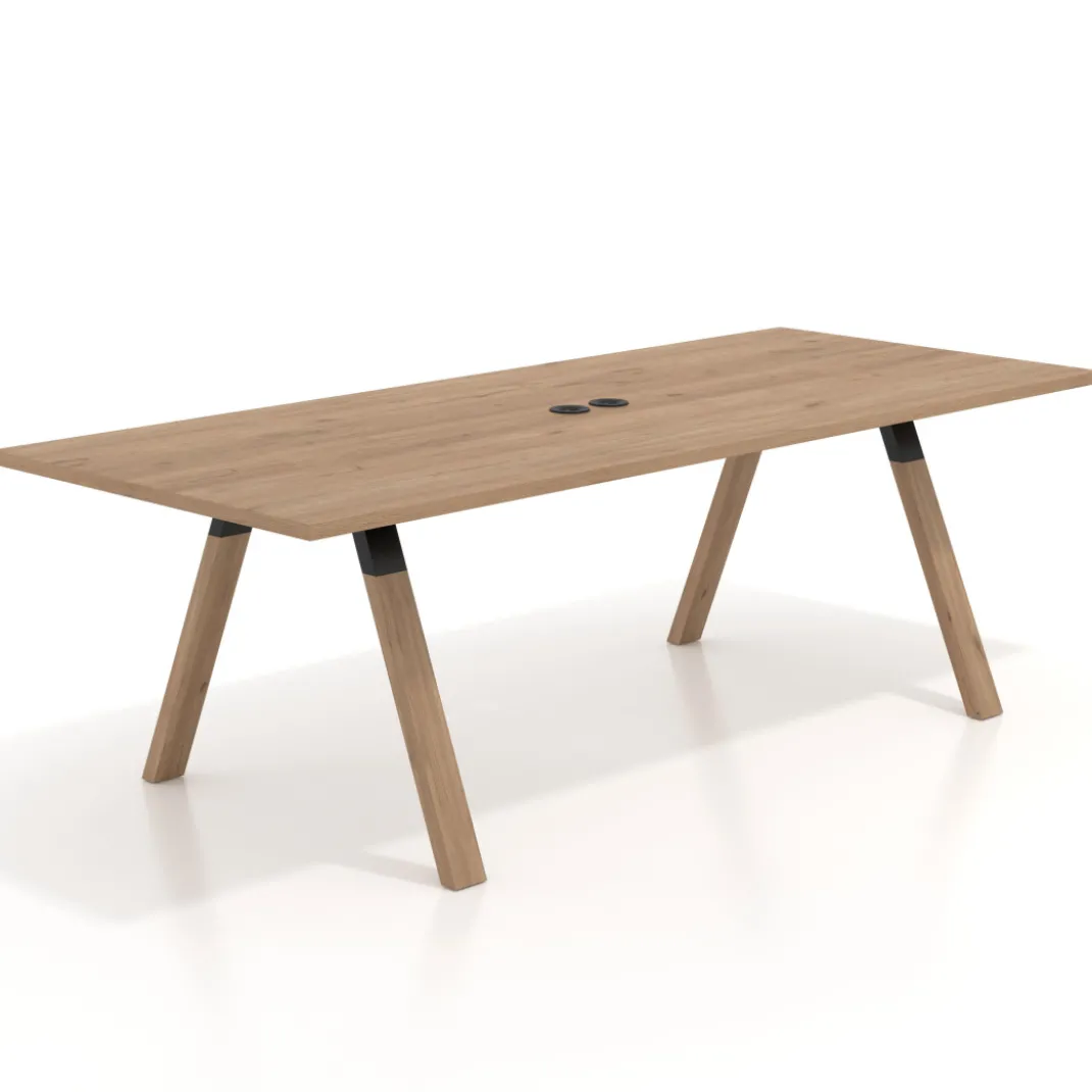 Mesa de reuniones rectangular UvePro fondo 100cm, estructura negra, patas de madera