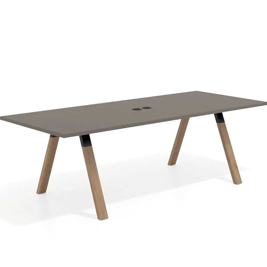 Mesa de reuniones rectangular UvePro fondo 100cm, estructura negra, patas de madera