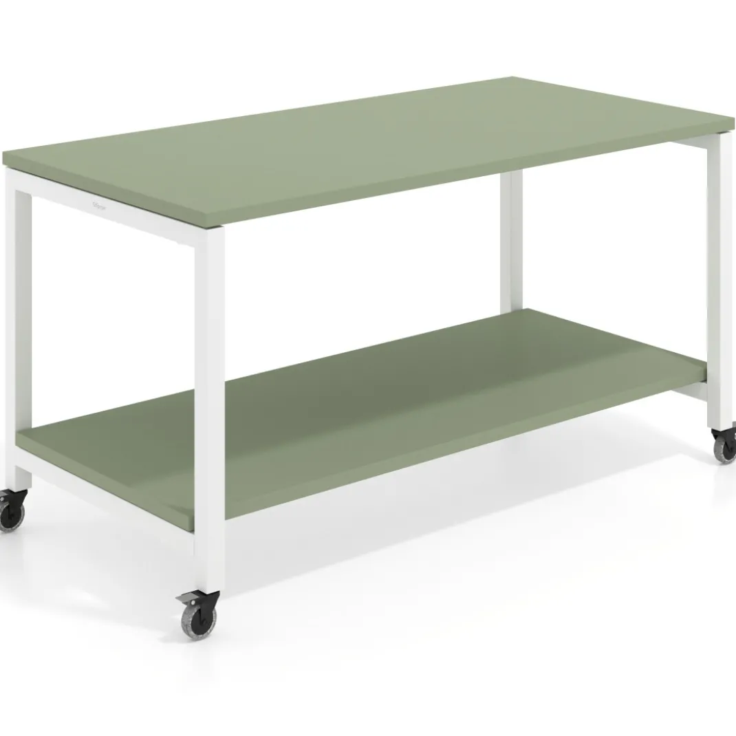 Mesa de trabajo expositor con ruedas Kube, con 2 niveles, estructura blanca