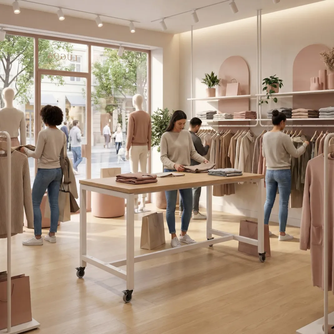 Mesa de trabajo expositor con ruedas Kube, estructura blanca