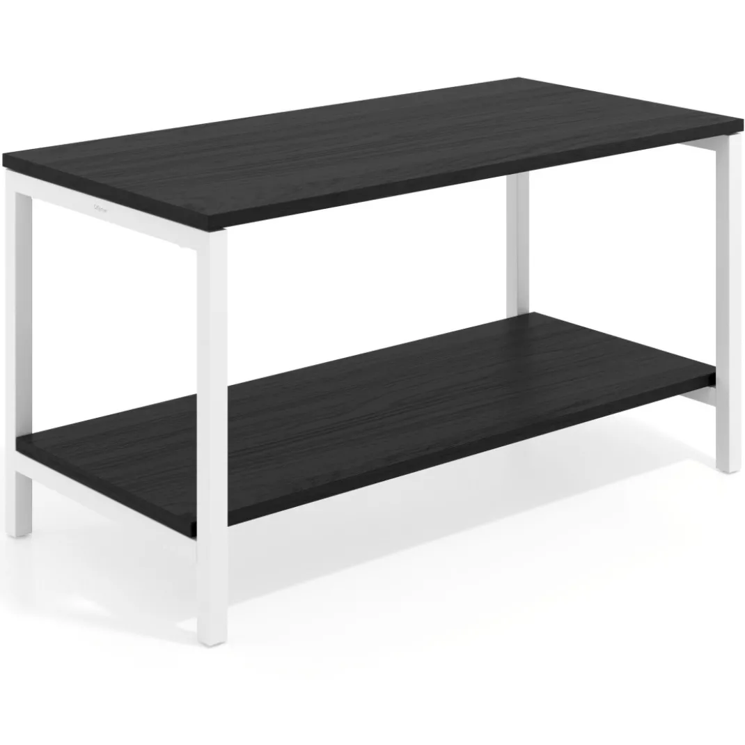 Mesa de trabajo expositor Kube con 2 niveles, estructura blanca