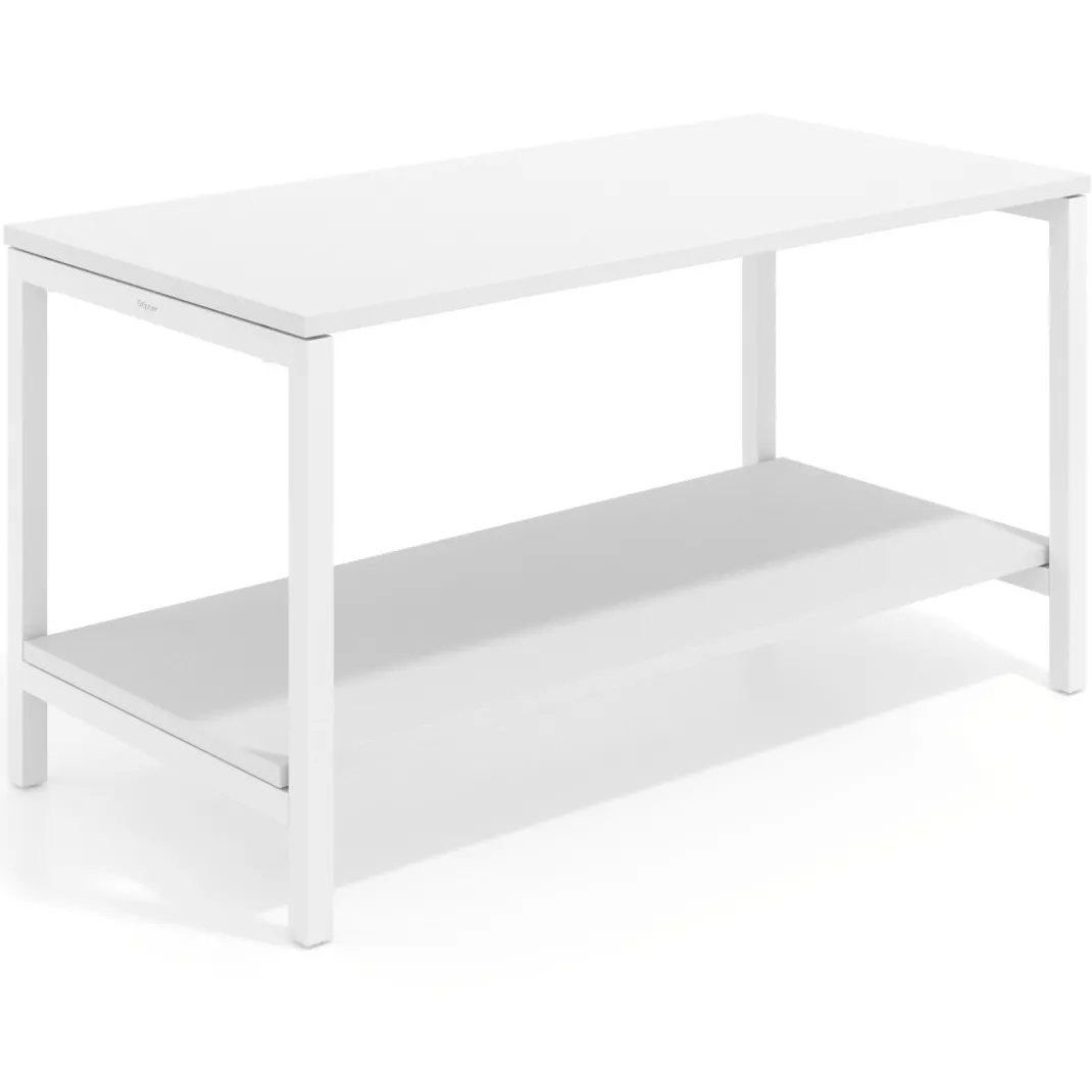Mesa de trabajo expositor Kube con 2 niveles, estructura blanca