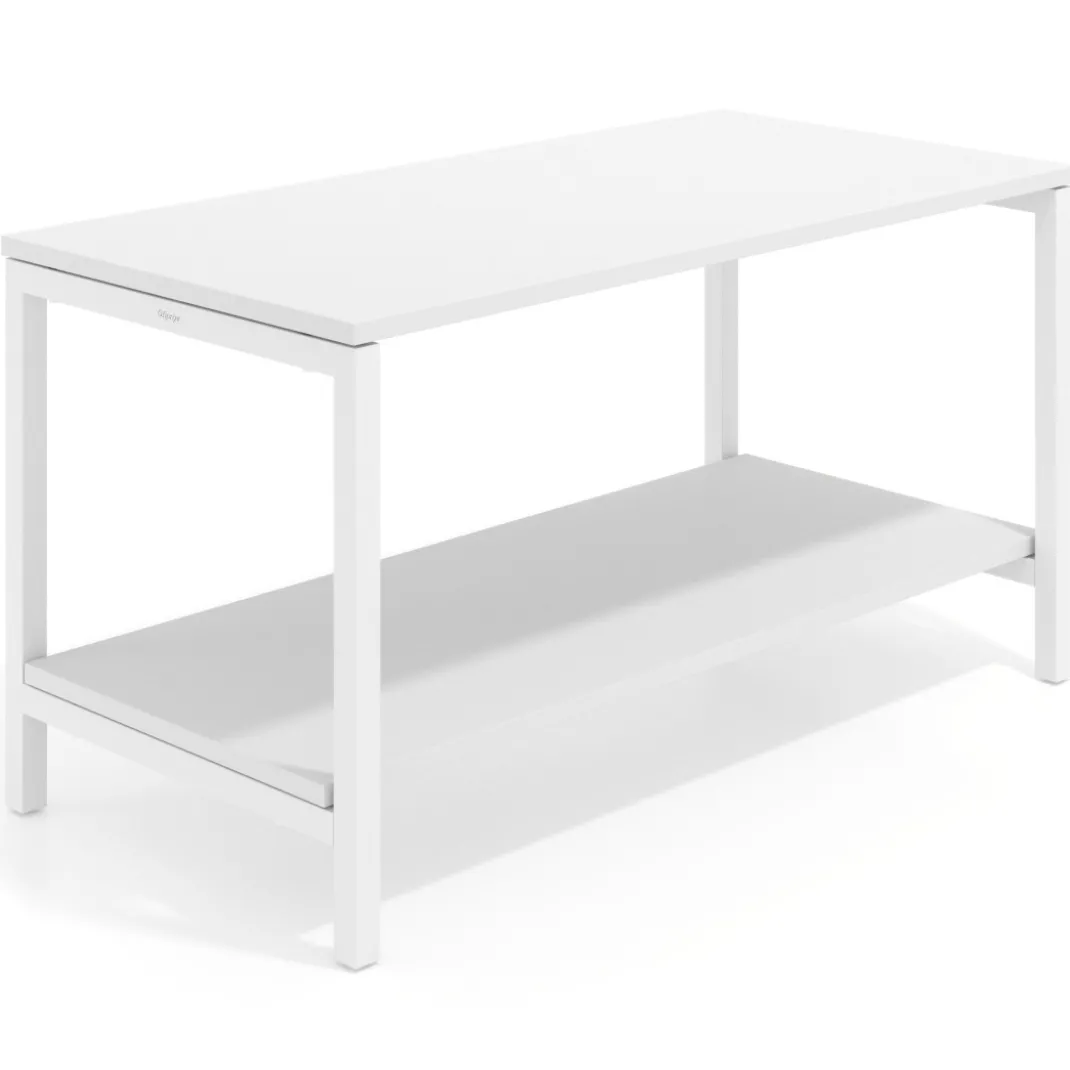Mesa de trabajo expositor Kube con 2 niveles, estructura blanca