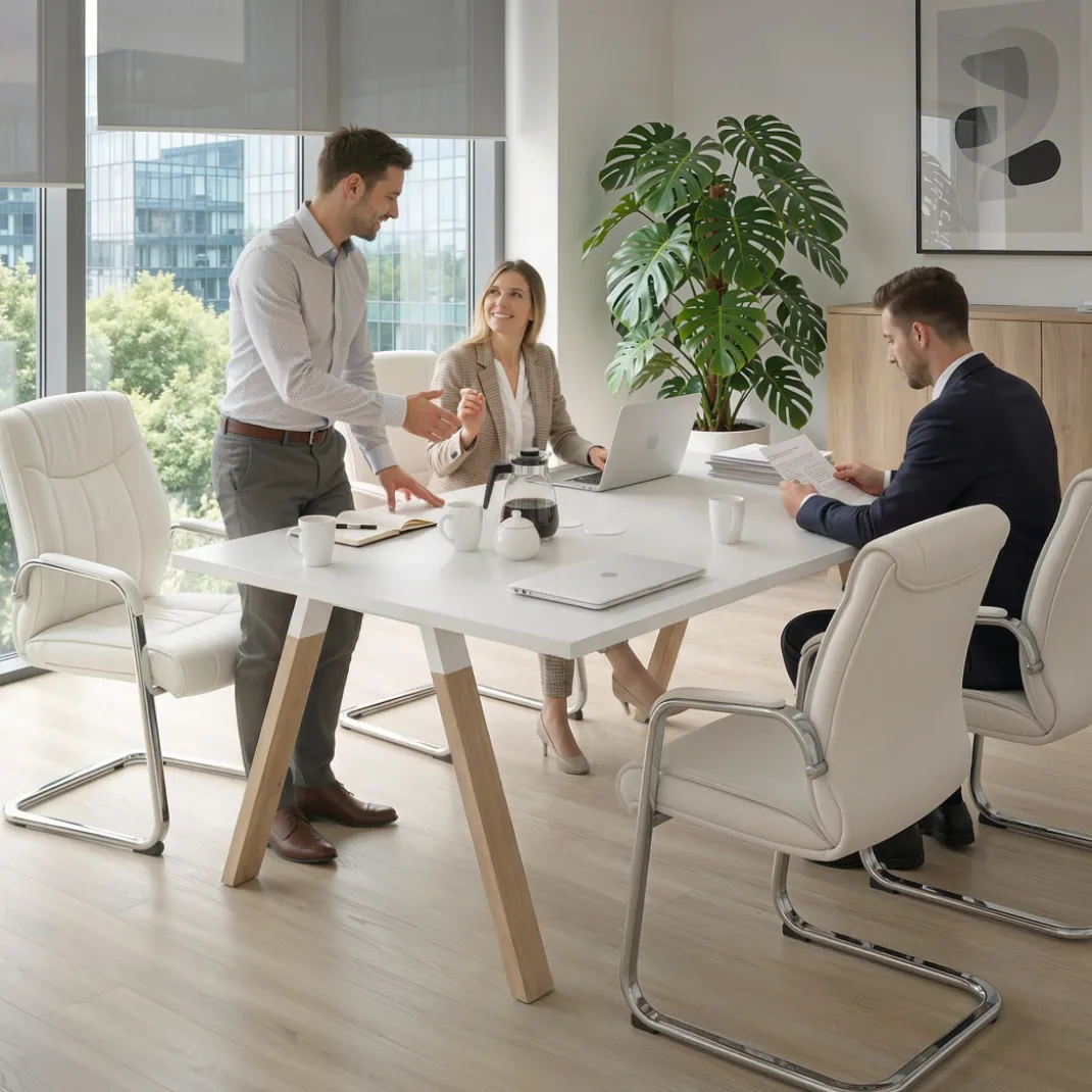 Mesa doble individual para coworking UvePro fondo 126 cm estructura blanca con patas de madera
