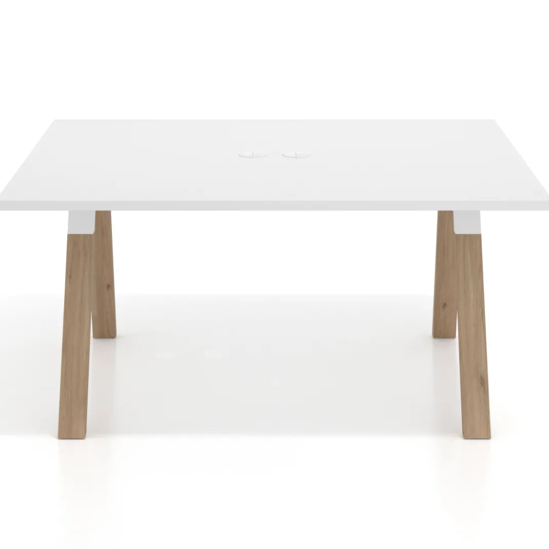 Mesa doble individual para coworking UvePro fondo 126 cm estructura blanca con patas de madera
