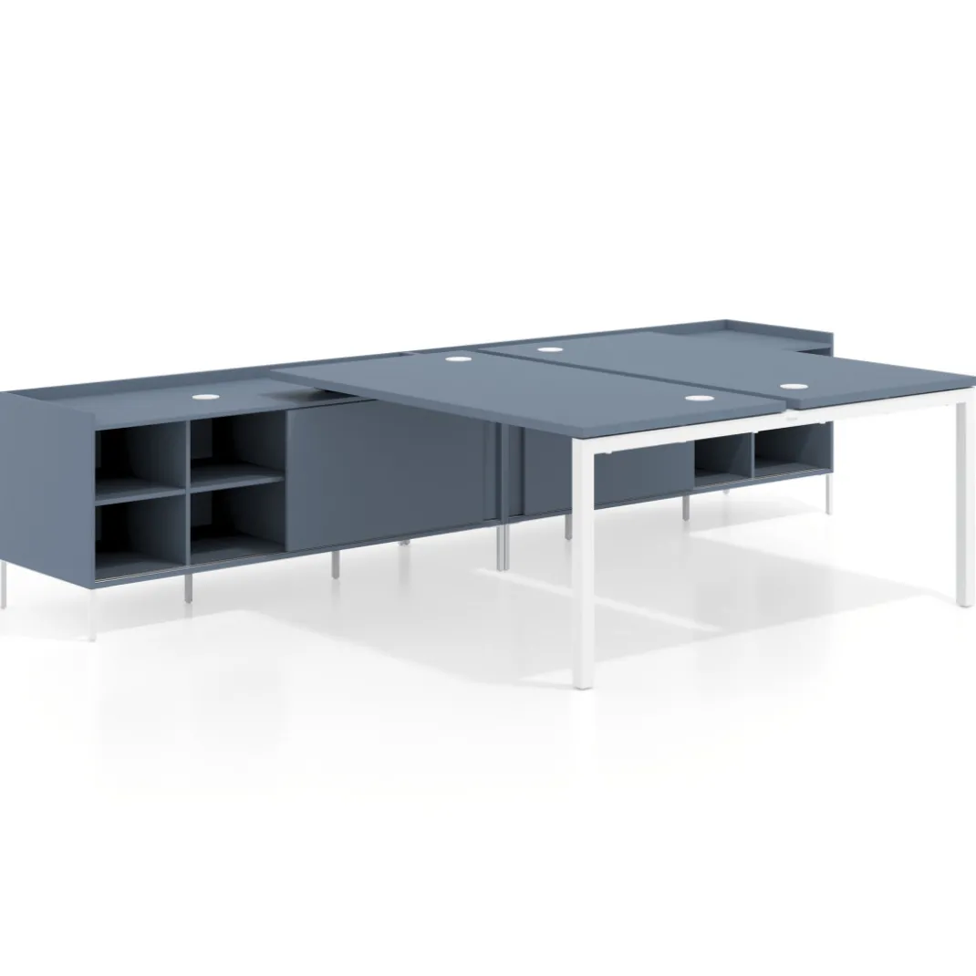 Mesa multipuesto con pedestal estantes Kube, encimera única, estructura blanca
