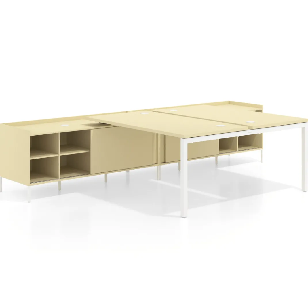 Mesa multipuesto con pedestal estantes Kube, encimera única, estructura blanca