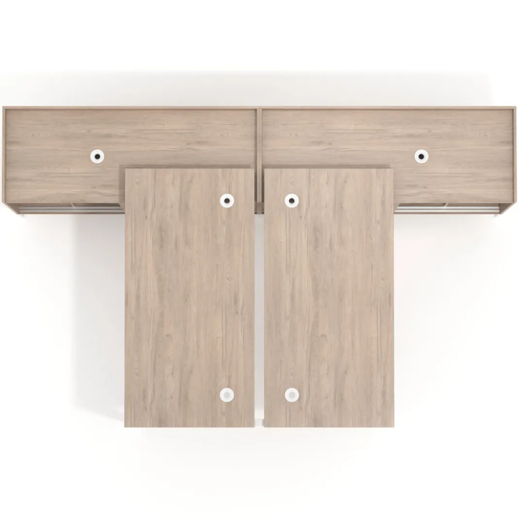 Mesa multipuesto con pedestal estantes Kube, encimera única, estructura blanca