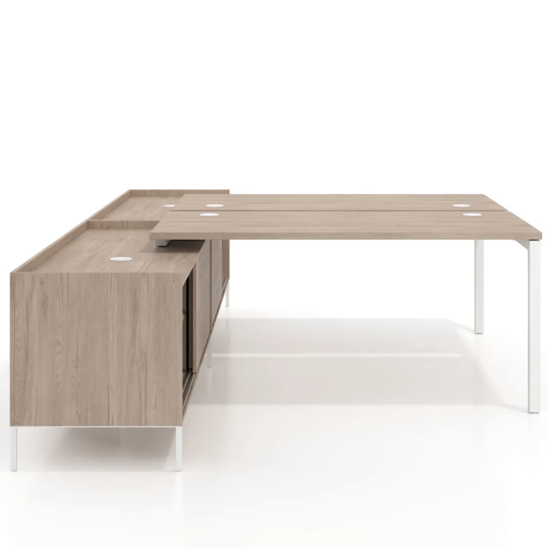 Mesa multipuesto con pedestal estantes Kube, encimera única, estructura blanca
