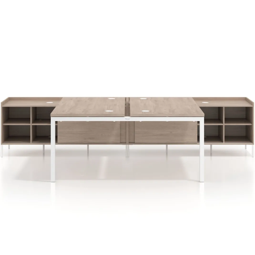 Mesa multipuesto con pedestal estantes Kube, encimera única, estructura blanca