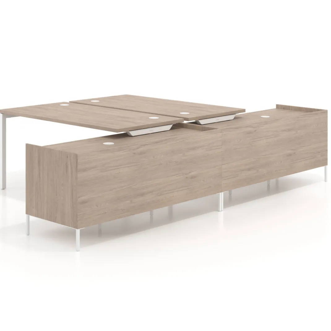 Mesa multipuesto con pedestal estantes Kube, encimera única, estructura blanca