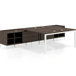 Mesa multipuesto con pedestal estantes Kube, encimera única, estructura blanca