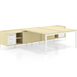 Mesa multipuesto con pedestal cajonera Kube, encimera única, estructura blanca
