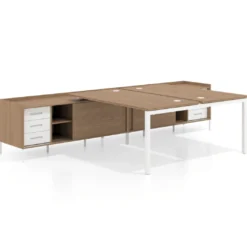 Mesa multipuesto con pedestal cajonera Kube, encimera única, estructura blanca