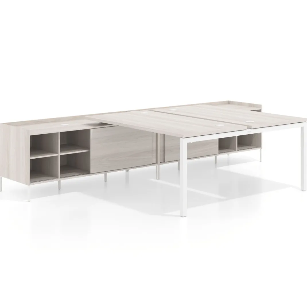 Mesa multipuesto con pedestal estantes Kube, encimera única, estructura blanca