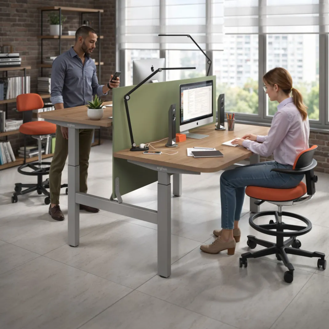 Mesa Multipuesto Elevable eléctrica Erghos Motion estructura aluminio 2 cantos curvos
