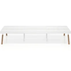 Mesa multipuesto UvePro Bench triple, fondo 166 cm, sobre curvo, estructura blanca/madera