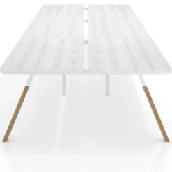 Mesa multipuesto UvePro Bench triple, fondo 166 cm, sobre curvo, estructura blanca/madera