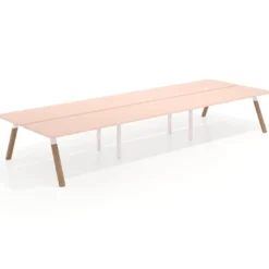 Mesa multipuesto UvePro Bench triple, fondo 166 cm, sobre curvo, estructura blanca/madera