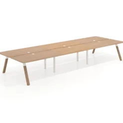 Mesa multipuesto UvePro Bench triple, fondo 166 cm, sobre curvo, estructura blanca/madera