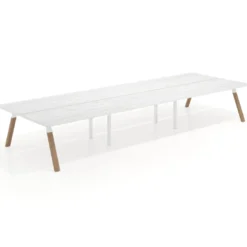 Mesa multipuesto UvePro Bench triple, fondo 166 cm, sobre curvo, estructura blanca/madera