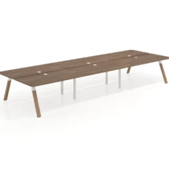 Mesa multipuesto UvePro Bench triple, fondo 166 cm, sobre curvo, estructura blanca/madera