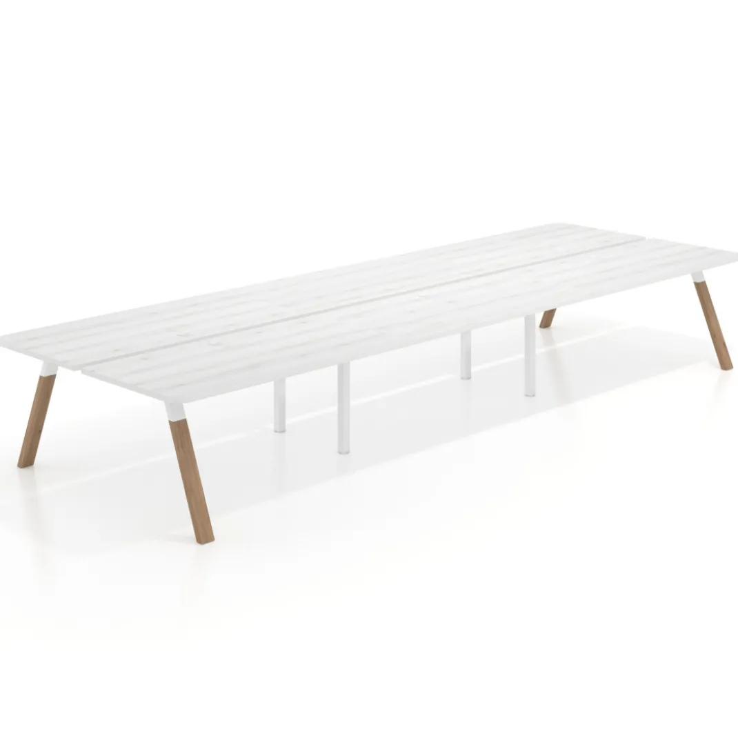 Mesa multipuesto UvePro Bench triple, fondo 166 cm, sobre curvo, estructura blanca/madera