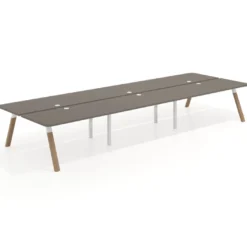 Mesa multipuesto UvePro Bench triple, fondo 166 cm, sobre curvo, estructura blanca/madera
