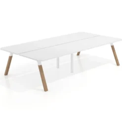 Mesa multipuesto UvePro Bench doble, fondo 166 cm, sobre curvo, estructura blanca/madera