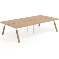 Mesa multipuesto UvePro Bench doble, fondo 166 cm, sobre curvo, estructura blanca/madera