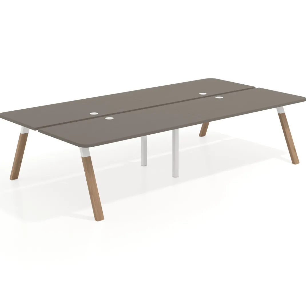 Mesa multipuesto UvePro Bench doble, fondo 166 cm, sobre curvo, estructura blanca/madera