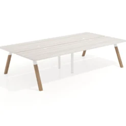 Mesa multipuesto UvePro Bench doble, fondo 166 cm, sobre curvo, estructura blanca/madera