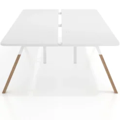 Mesa multipuesto UvePro Bench doble, fondo 166 cm, sobre curvo, estructura blanca/madera