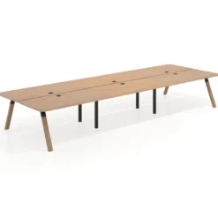 Mesa multipuesto UvePro Bench triple, fondo 166 cm, sobre curvo, estructura negra/madera