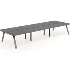 Mesa multipuesto UvePro Bench triple, fondo 166 cm, sobre curvo, estructura negra/madera