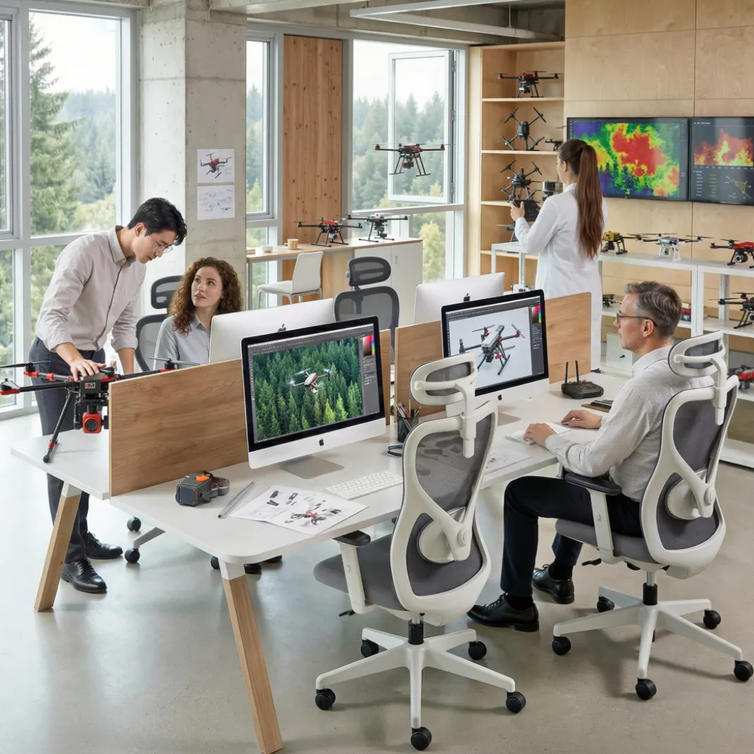 Mesa multipuesto UvePro Bench doble, fondo 166 cm, sobre curvo, estructura blanca/madera