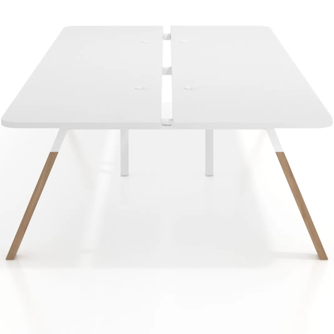 Mesa multipuesto UvePro Bench doble, fondo 166 cm, sobre curvo, estructura blanca/madera