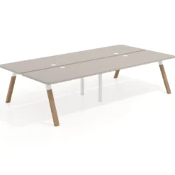 Mesa multipuesto UvePro Bench doble, fondo 166 cm, sobre curvo, estructura blanca/madera