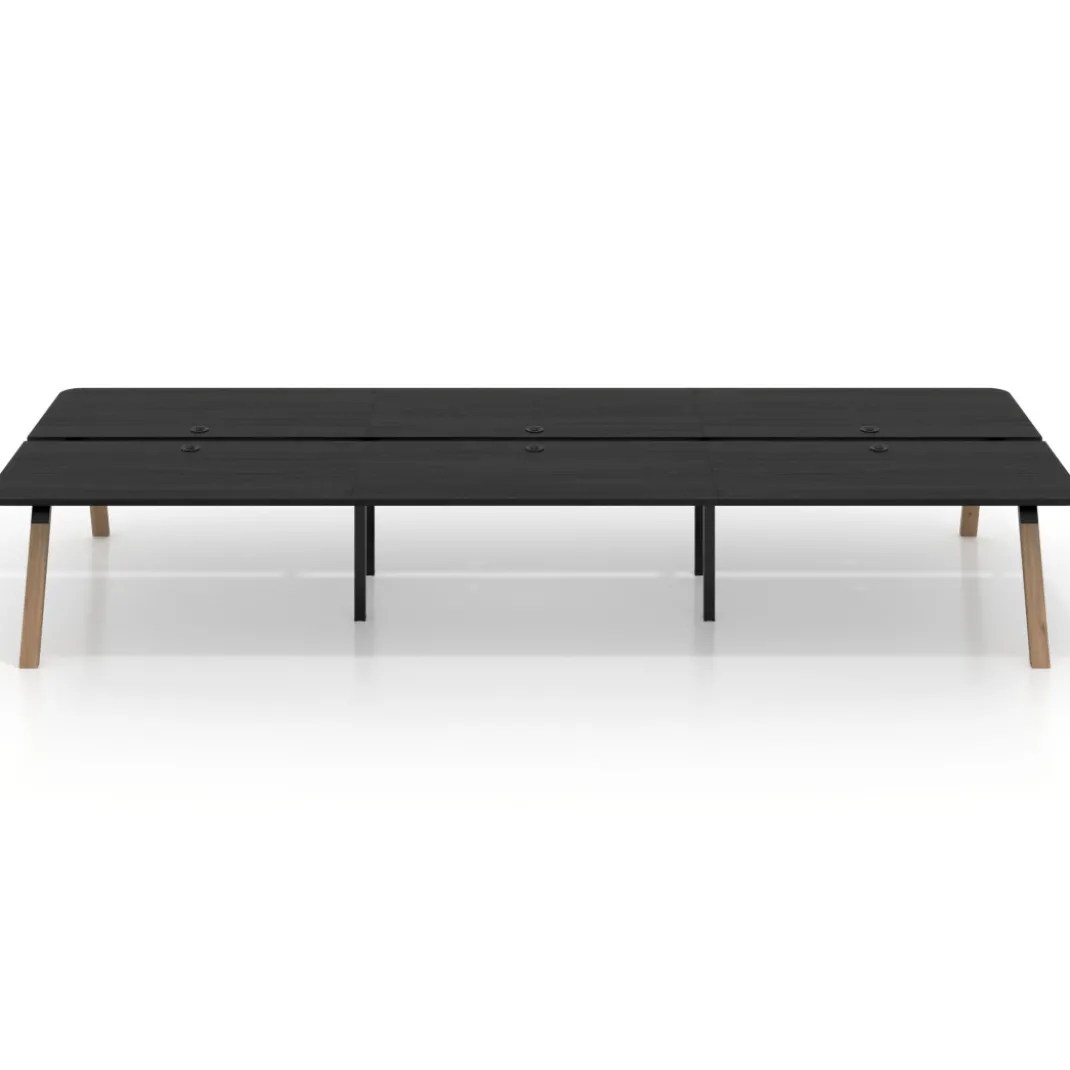 Mesa multipuesto UvePro Bench triple, fondo 166 cm, sobre curvo, estructura negra/madera