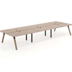 Mesa multipuesto UvePro Bench triple, fondo 166 cm, sobre curvo, estructura negra/madera