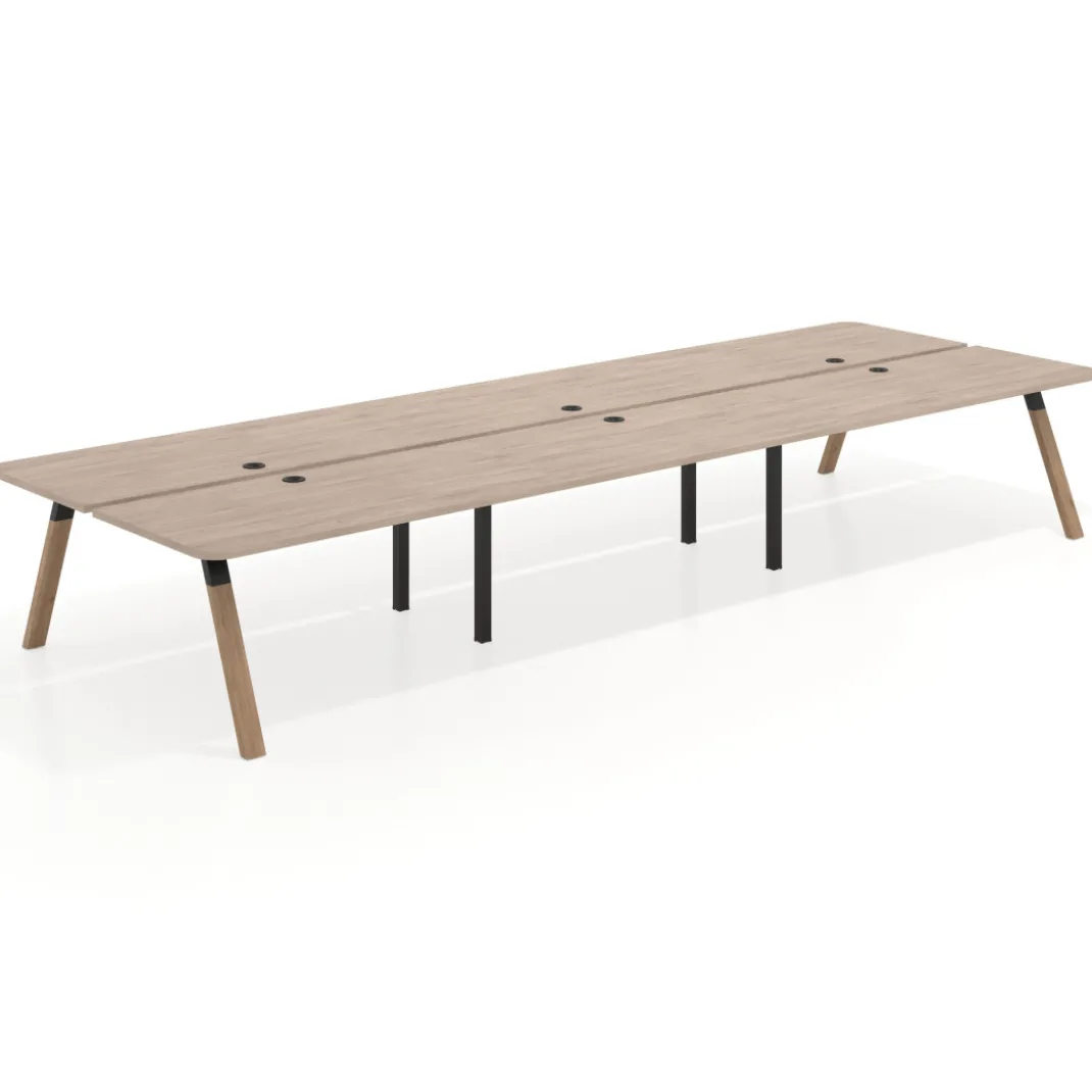 Mesa multipuesto UvePro Bench triple, fondo 166 cm, sobre curvo, estructura negra/madera