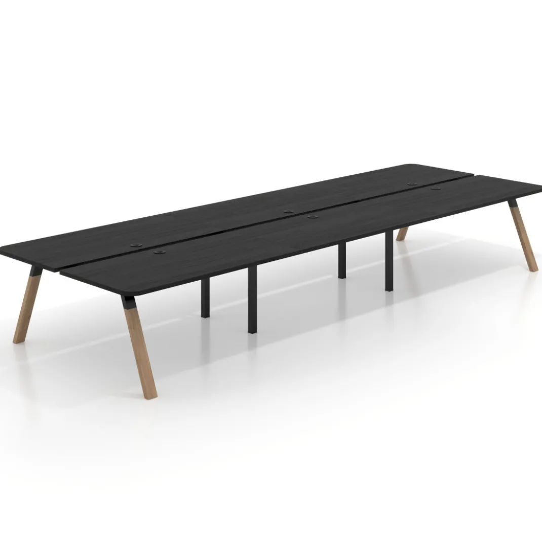 Mesa multipuesto UvePro Bench triple, fondo 166 cm, sobre curvo, estructura negra/madera