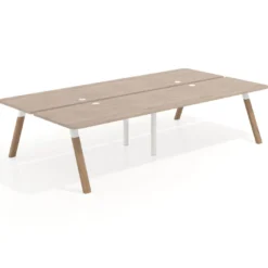 Mesa multipuesto UvePro Bench doble, fondo 166 cm, sobre curvo, estructura blanca/madera